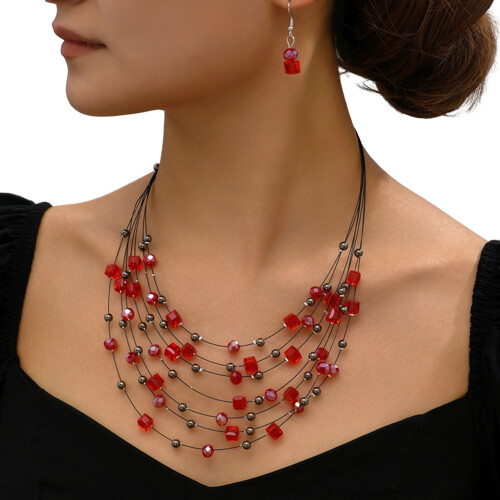 Bohemian Ethnic Necklace and Earring Set Red 2 pcs 1