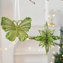 Glitter Christmas Ornaments Green Sequined Butterfly Star