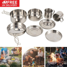 8Pcs Stainless Steel Cookware Set BBQ Camping Outdoor Hiking Cooking Fry Pan Set