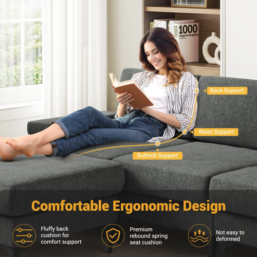 Convertible Sectional Couch Chenille 4 Seater L-Shaped Sofa Set Grey 2