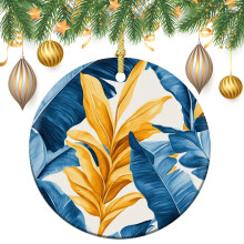 Banana Jungle Leaf Ornament Porcelain 3 inch Yellow Blue