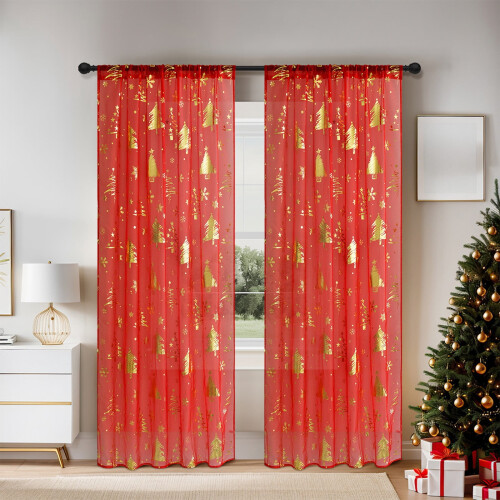 Red sheer Christmas curtains with gold tree pattern 108x52 1