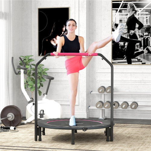 48" Foldable Mini Fitness Trampoline, with Adjustable Foam Handle, Pink 2