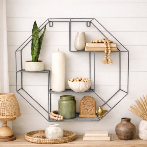 Spot On Dealz Modern Metal Hexagon Wall Shelf - Stylish Grey Floating Storage 1