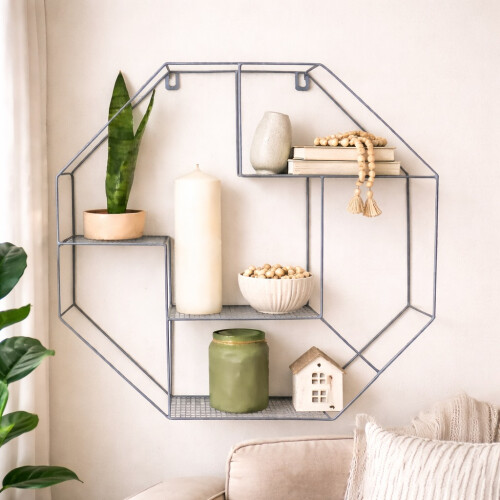 Spot On Dealz Modern Metal Hexagon Wall Shelf - Stylish Grey Floating Storage 2