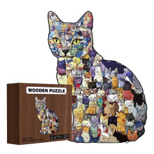 Cat-shaped wooden puzzle colorful irregular design