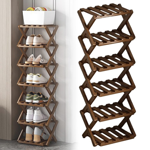 Foldable Wood Corner Shoe Rack Brown 6-Layer