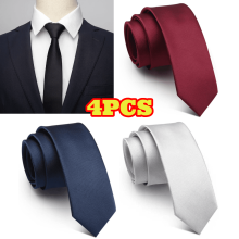 Classic Skinny Necktie for Men Silk Solid 4 Pcs