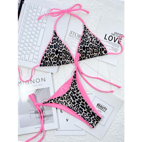 Women's Leopard Bikini Set with Removable Pads, Halter Bra 1
