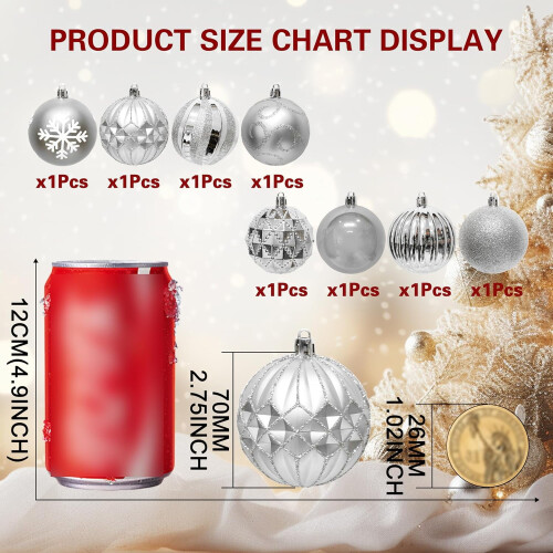 Silver Christmas Ball Ornaments 70mm Glitter Plastic 8 PCS 2