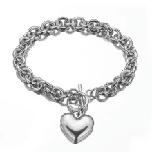 Stainless Steel Lover Heart Charm Bracelet Oval Chain 9.5