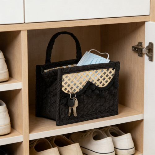Foldable Woven Storage Basket with Handle Black Blue Pink