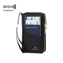 Cestovná peňaženka s ochranou proti RFID, držiak na pas z černej kože s pútkom na zápästie
