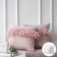 Almofada moderna de veludo macio com enchimento de penas, almofada decorativa para sofá, 45 cm x 45 cm, rosa claro, pacote com 2 unidades.