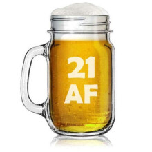 Sklenený hrnček Mason Jar s uškom, objem 473 ml, 21AF, vtipný, k 21. narodeninám