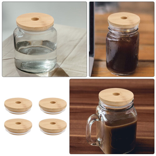 Conjunto de 4 Tampas de Bambu para Potes de Conserva com Vedação Hermética e Boca Larga. 2