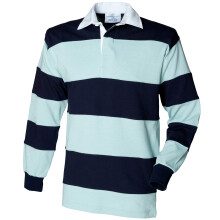 (L, Duck Egg/Navy) Front Row Sewn Stripe Long Sleeve Sports Rugby Polo Shirt