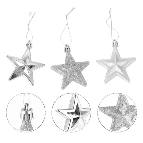 Silver Christmas Star Ornaments Glitter 18pcs