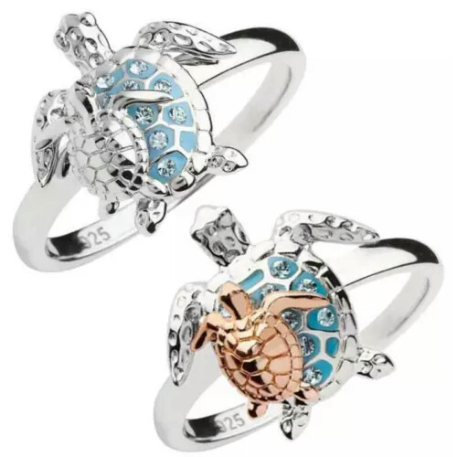 Turtle MOM Ring Crystal Gold Silver Plated Size 6-10 1