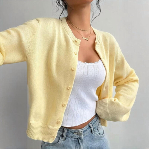 Women's Solid Knit Cardigan Long Sleeve Button Front Yellow 1