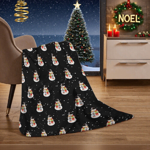 Black Flannel Christmas Throw Blanket with Snowman Design 2