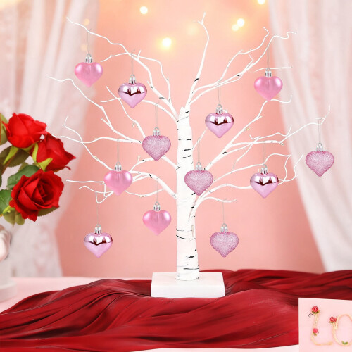 Valentines Heart Ornaments Set Pink Glitter 12 Pcs 1
