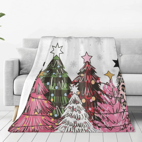 Christmas Tree Throw Blanket Pink Green Plaid Snowflakes
