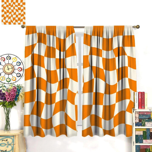 Checkerboard Curtains Boho Retro Beige Orange 84x84 inch 1