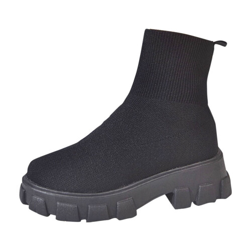 Black Women's Mesh Sock Boots Winter Casual Chunky Heel