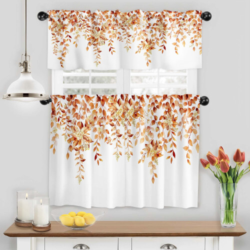 Orange Floral Kitchen Curtains and Valances Set 36 Inches 1