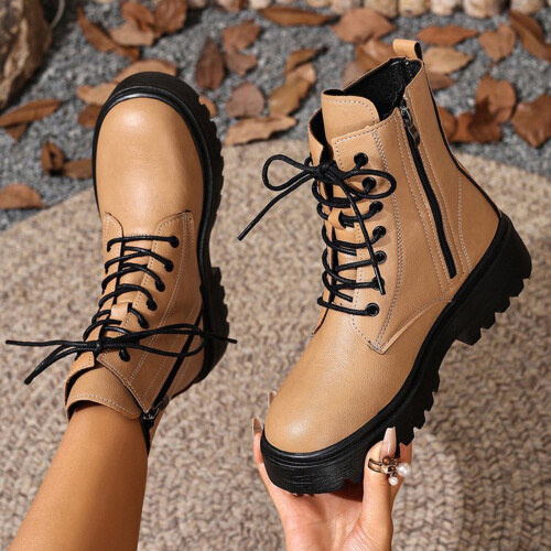 Khaki Women's Ankle Boots PU Leather Side Zipper Round Toe 1
