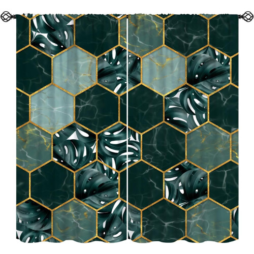 Marble Curtains Hexagon Gold Green Texture Rod Pocket