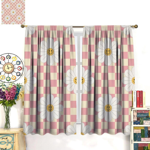 Floral Curtains Retro Chamomile Pattern Pink White Grid 2