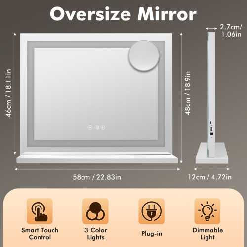 Hollywood Large Makeup Mirror 58*46cm Vanity Mirror Dimmable LED 3 Color Light 1