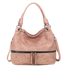 Borsa a secchiello tote da donna con borchie, grande capacità, in pelle vegana, tracolla regolabile e chiusura con coulisse e zip, colore rosa