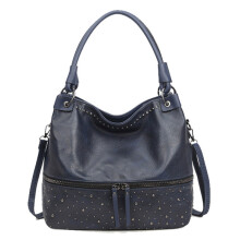 Borsa a Secchiello Donna con Borchie, Shopper in Pelle Vegan Grande Capacità, Tracolla Regolabile e Chiusura con Coulisse, Blu Scuro