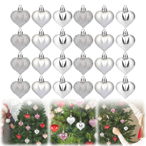 Christmas Heart Ornaments Silver 24 Pieces