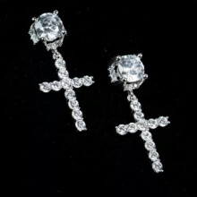 925 Silver Cross CZ Hoop Drop Earrings
