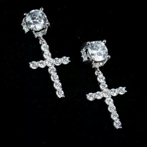 925 Silver Cross CZ Hoop Drop Earrings