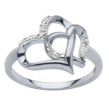 Bague de fiançailles élégante et brillante en alliage, sertie de strass et ornée d'un double cœur creux. Bijou pour femme.
