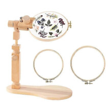 Adjustable Embroidery Hoop Stand with 2PCS 6In 7In Hoops, Solid Hand-Polished Natural Wood Holder compatible with Sewing Projects