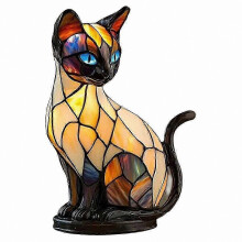 Stained Glass Cat Lamp, Cute Animal Resin Night Light, LED Bedside Lamp compatible with Bedroom Living Room Decor