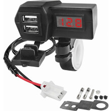 USB Motorcycle Charger, 5V 3.1A Dual USB Phone Charger Adapter Cable with LED Voltmeter & Waterproof and ON/Off Switch Handlebar Mount or Rearview Mi