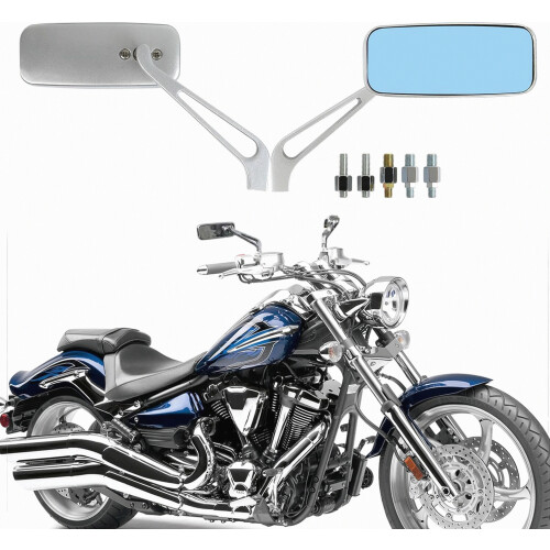 Devilmotor Black Rectangle Motorcycle Bobber Mirror compatible Cruiser Chopper Smoke Blue 8mm-10mm (Silver) British Design