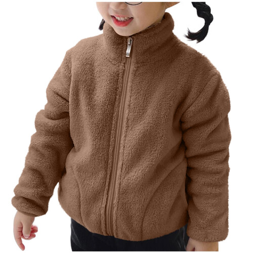 Brown Fleece-Lined Zip-Up Jacket for Kids Collared Thermal
