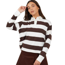 (14 UK, Chocolate/Cream) Brave Soul Womens/Ladies Horizontal Stripe Long-Sleeved Rugby Shirt