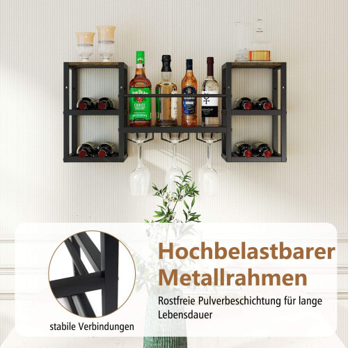 Väggmonterat vinställ med glashållare, 8 flaskor, rustik brun 2