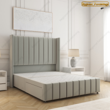 (Silver Plush, King-5FT (No Drawers)) Winged Panel Divan Bed Base Plush Velvet 54-in Headboard Storage Drawer No Mattress