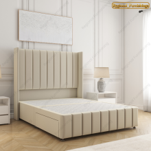 (Cream Plush, King-5FT (2 Drawers Footend)) Winged Panel Divan Bed Base Plush Velvet 54-in Headboard Storage Drawer No Mattress