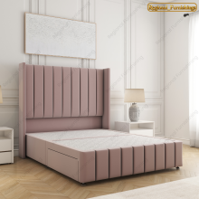 (Pink Plush, Single-3FT (No Drawers)) Winged Panel Divan Bed Base Plush Velvet 54-in Headboard Storage Drawer No Mattress
